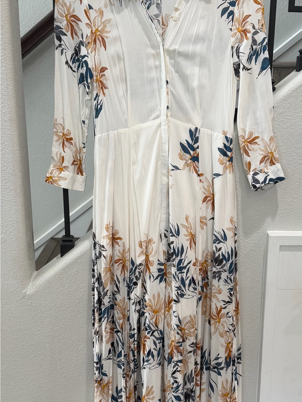 Anthropologie White Maxi Dress with Mustard & Navy Floral